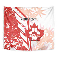 Red and white Canada soccer tapestry featuring a maple leaf ball and “Your Text”