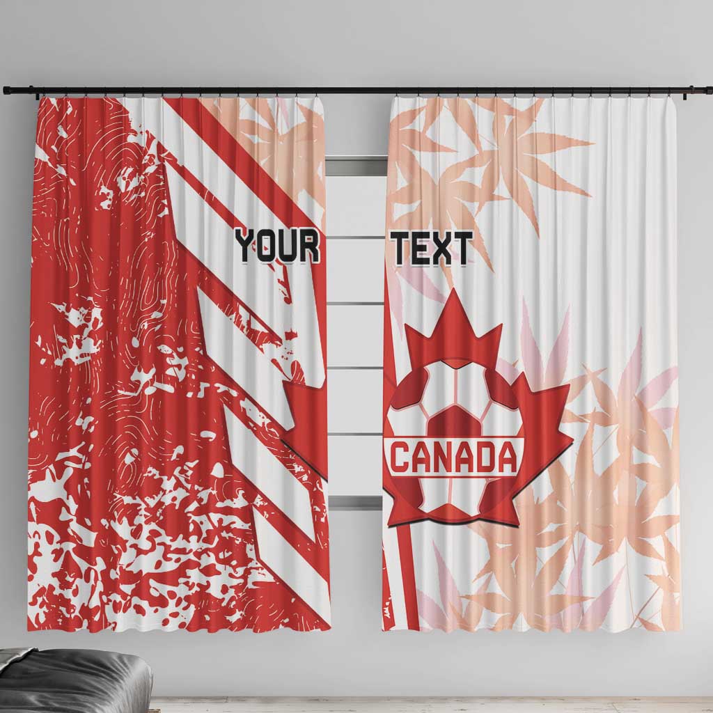 Front view of red and white Canada curtain panels with maple leaf and custom text