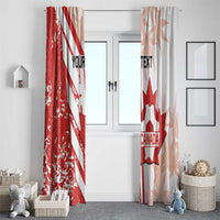 Red and white Canada window curtains with maple leaf graphic and custom text
