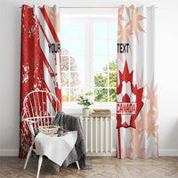 Two hanging Canada flag-style curtains in red and white with custom text panel