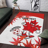 Red and white Canada soccer area rug with 'YOUR TEXT', mascot, and soccer ball