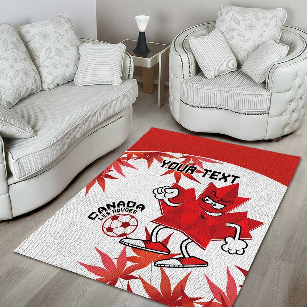 Red and white Canada soccer area rug with mascot, goalie, and custom text