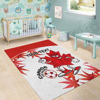 Red and white Canada soccer area rug with running mascot, soccer ball, and custom text