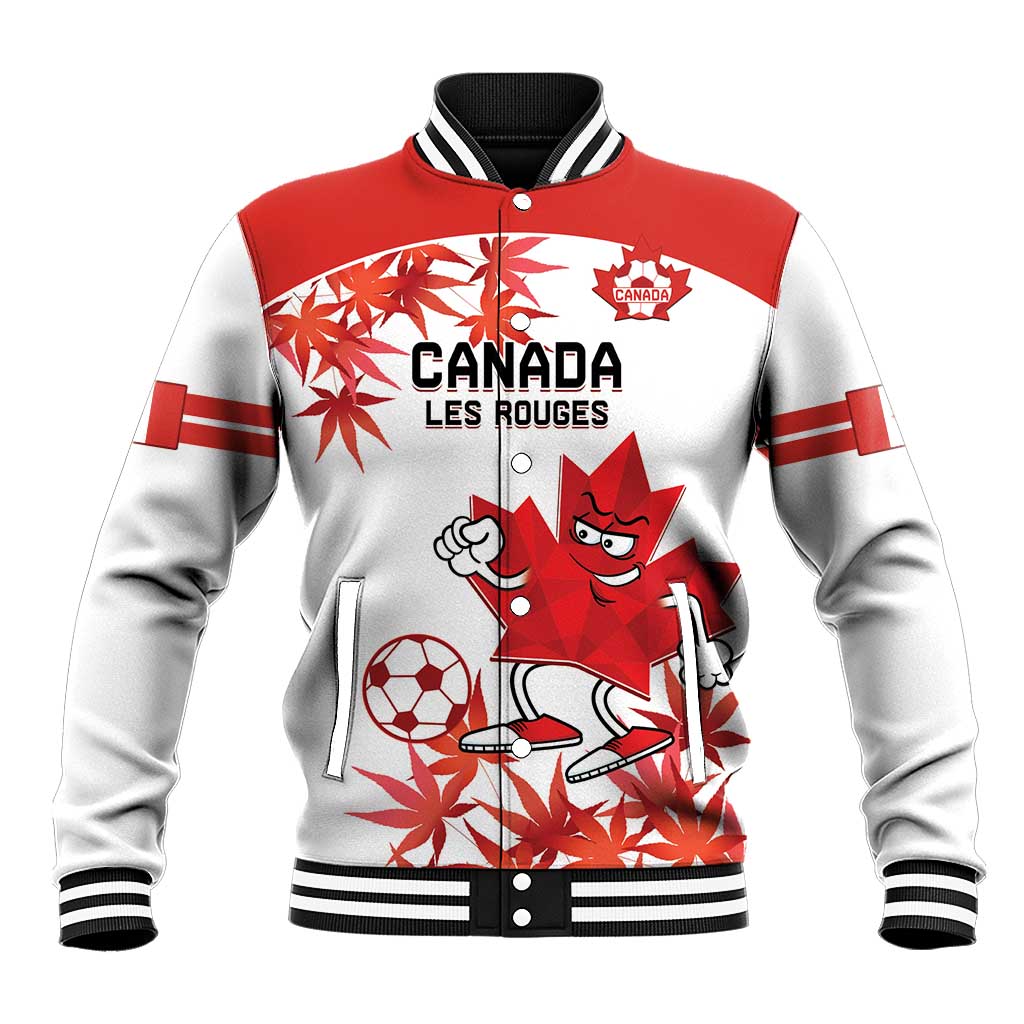White and red varsity baseball jacket with Canada emblem, maple leaf mascot graphic, striped trim