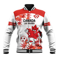 White and red varsity baseball jacket with Canada emblem, maple leaf mascot graphic, striped trim