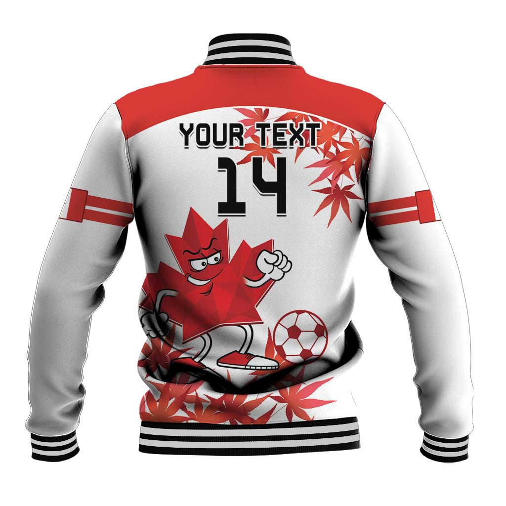 White and red baseball jacket back with 'YOUR TEXT' and '14', maple leaf mascot, striped hem