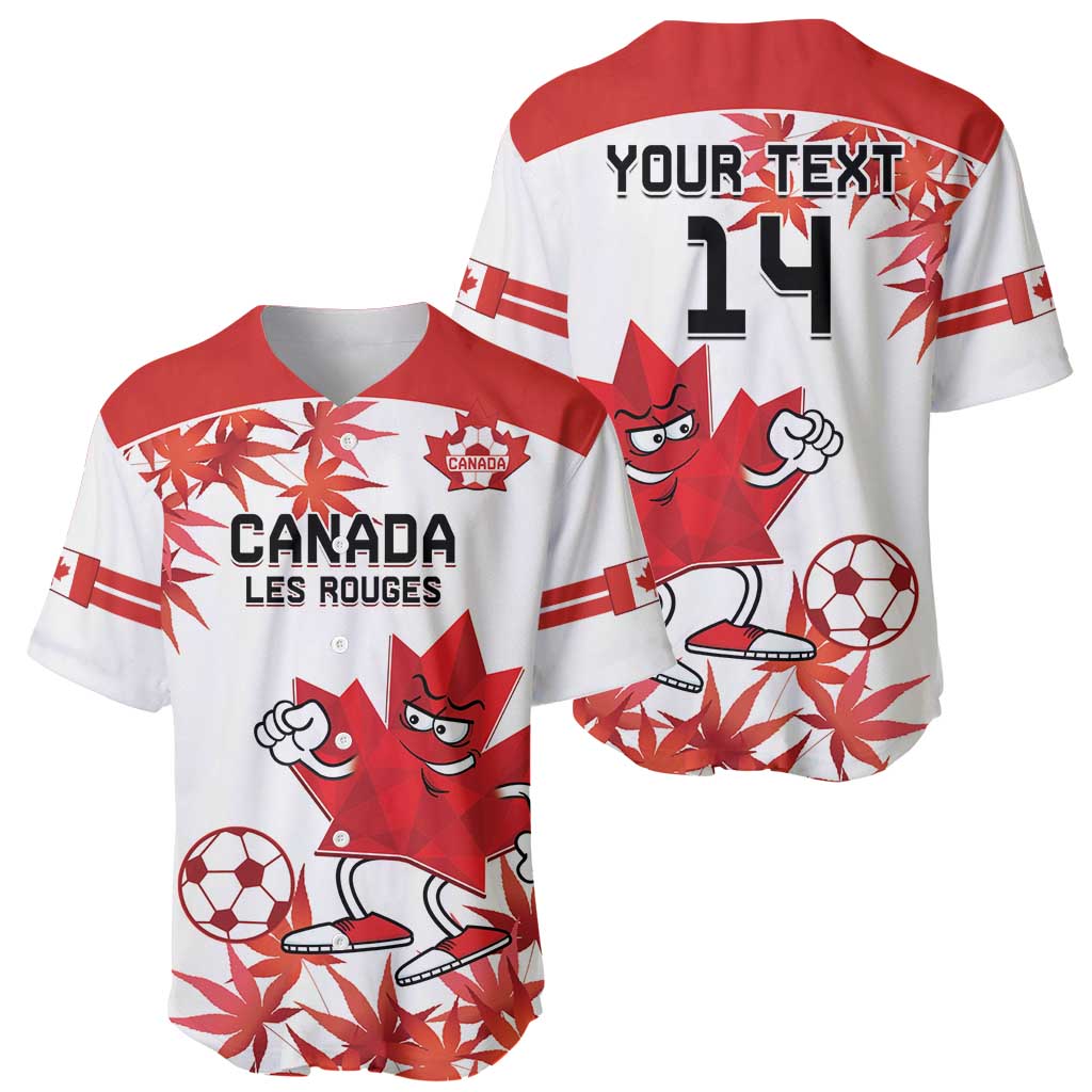 Red and white baseball jersey showing Canada Les Rouges text, mascot and soccer ball