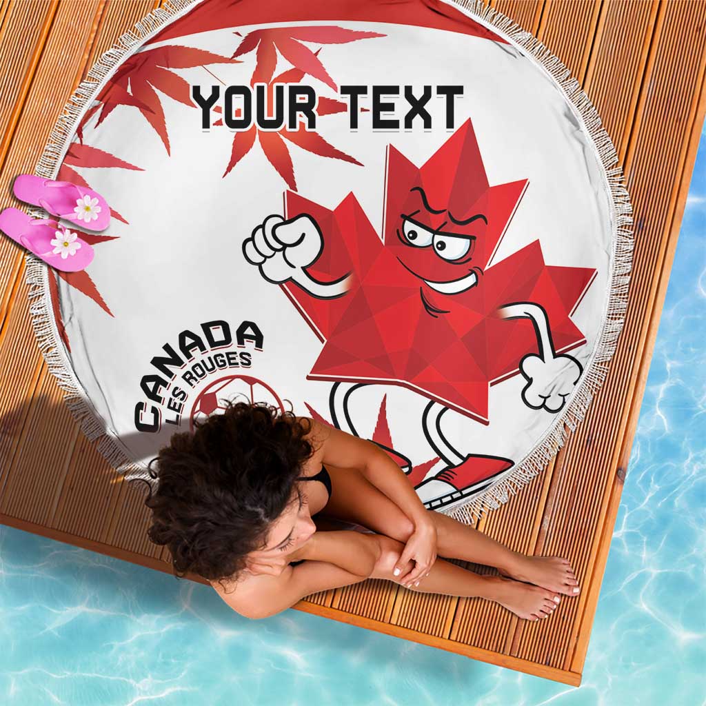 Round white Canada soccer beach blanket with red mascot and soccer ball, fringed edge