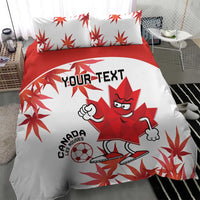 White and red Canada soccer bedding set with bold red stripe and mascot design