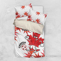 White and red Canada soccer bedding set with maple leaf print and cartoon mascot