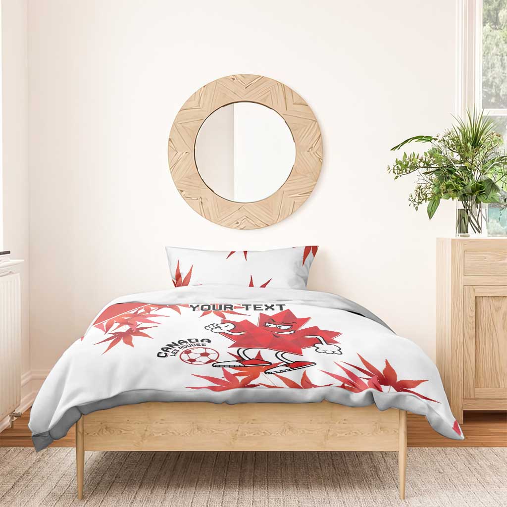 White and red Canada soccer bedding set with maple leaf border and mascot