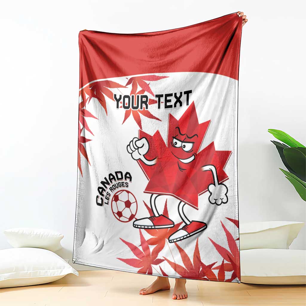 Canada soccer blanket with red top half and white base, maple leaf mascot soccer design