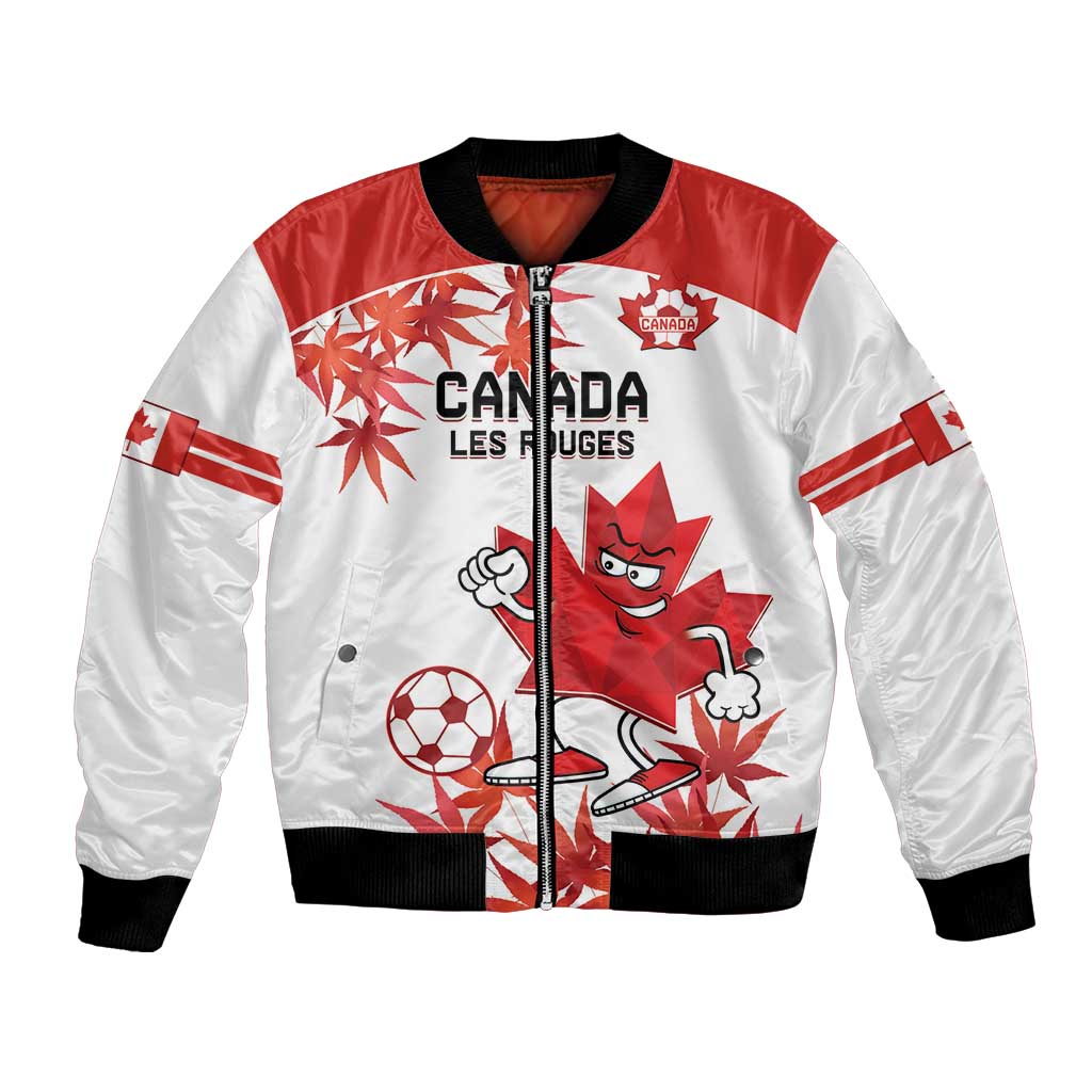 White and red bomber jacket with zipper, Canada crest, mascot, maple leaf and soccer graphic