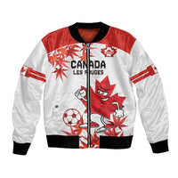 White and red bomber jacket with zipper, Canada crest, mascot, maple leaf and soccer graphic