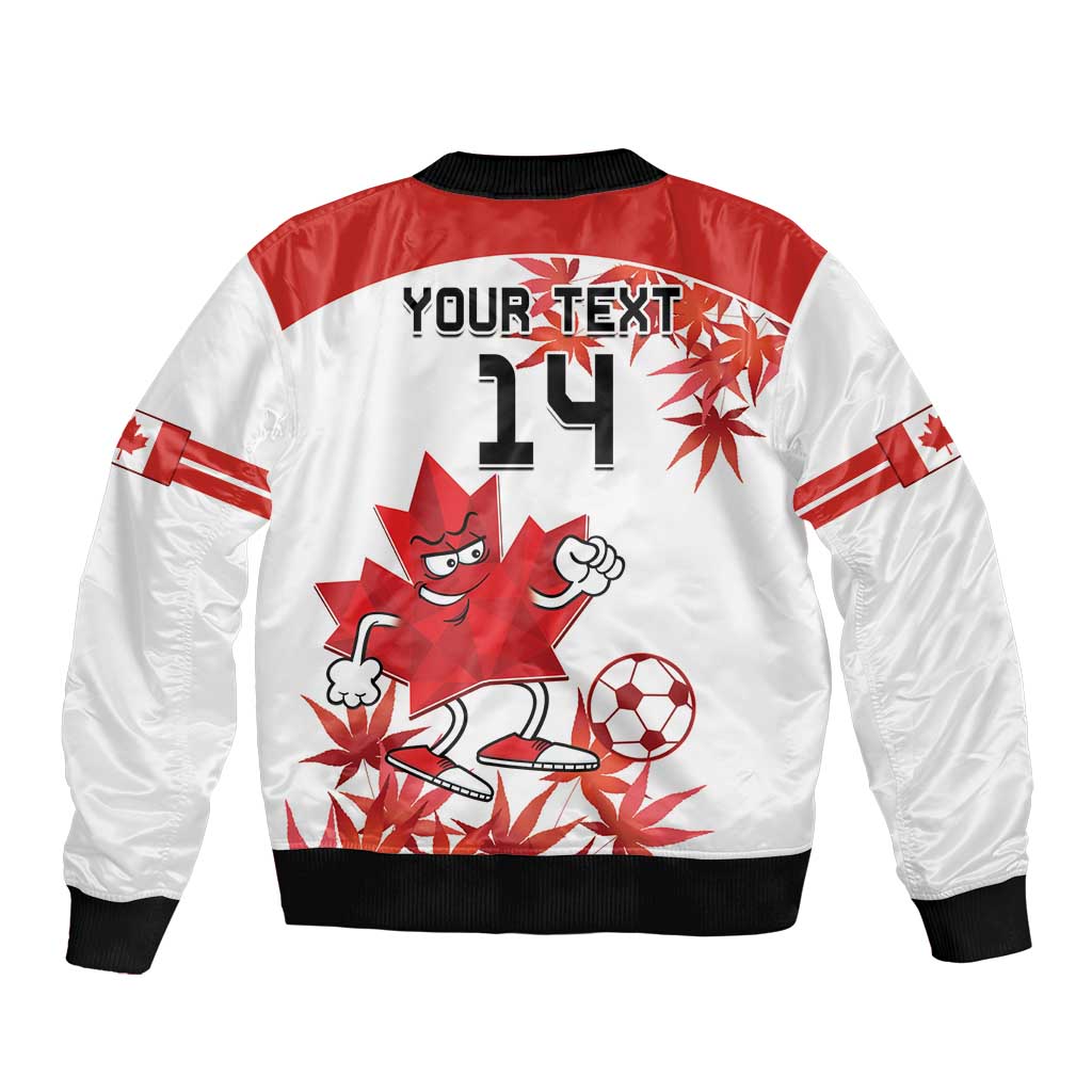 White and red bomber jacket back with "YOUR TEXT 14" print, mascot, maple leaf, soccer ball