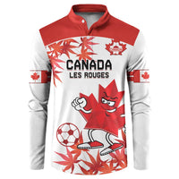 Canada soccer button sweatshirt, red and white with CANADA LES ROUGES print and mascots