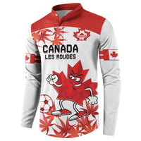 Canada soccer button sweatshirt front with red shoulders, Canada crest, mascots and maple graphics