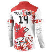 Canada soccer button sweatshirt back, YOUR TEXT 14, red mascot and soccer ball with maples