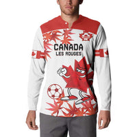 Canada soccer button sweatshirt on model, red-and-white CANADA LES ROUGES mascot print