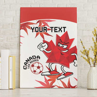 Framed red and white Canada soccer mascot canvas wall art with maple leaves and custom text
