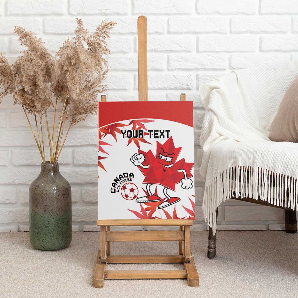 Red and white canvas wall art of Canada soccer mascot on an easel, with custom text