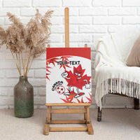 Red and white canvas wall art of Canada soccer mascot on an easel, with custom text