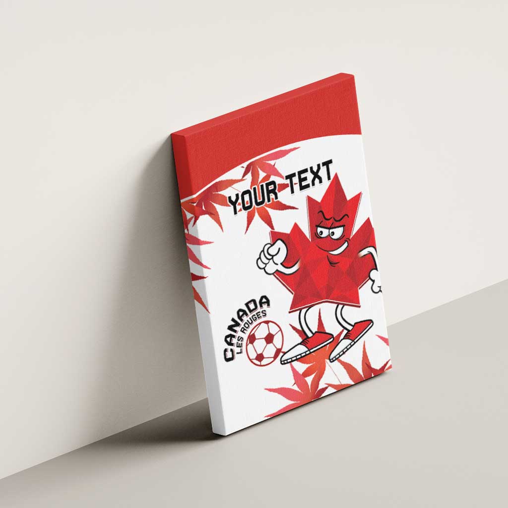 Side view of red and white canvas wall art featuring Canada soccer mascot and custom text