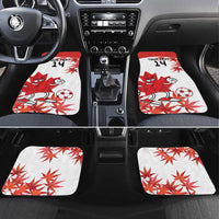 White car floor mats with red maple leaf mascot, number 14, for front seats
