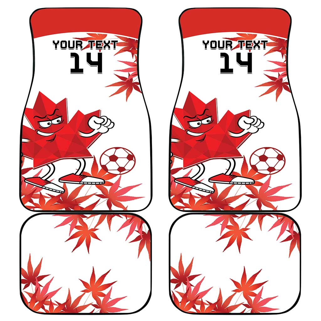 Set of four white car floor mats with red mascot, soccer ball, maple leaves, number 14