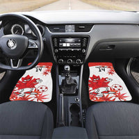 Two white front car floor mats with red maple leaf mascot and number 14