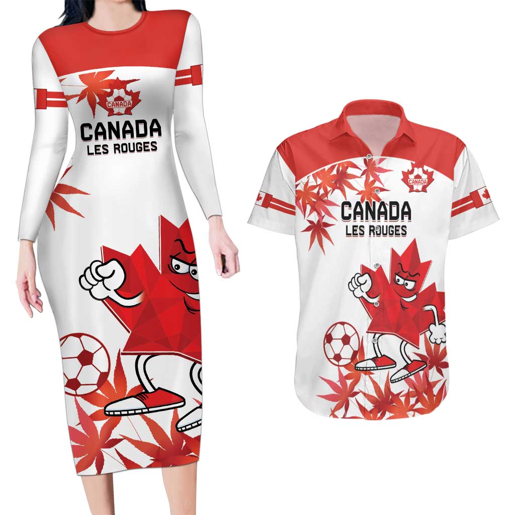 Custom Canada Soccer Couples Matching Long Sleeve Bodycon Dress and Hawaiian Shirt Les Rouges Cute Maple Leaf Mascot - Wonder Print Shop