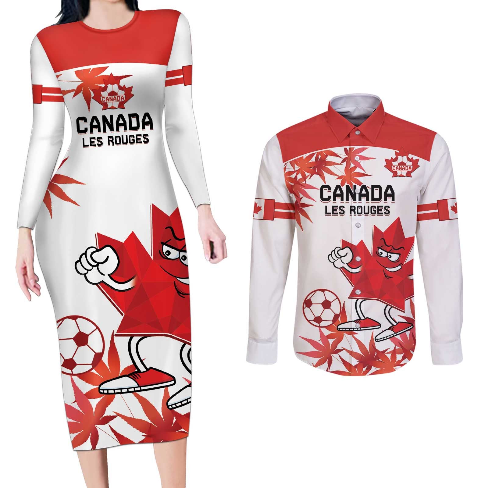 Custom Canada Soccer Couples Matching Long Sleeve Bodycon Dress and Long Sleeve Button Shirt Les Rouges Cute Maple Leaf Mascot - Wonder Print Shop