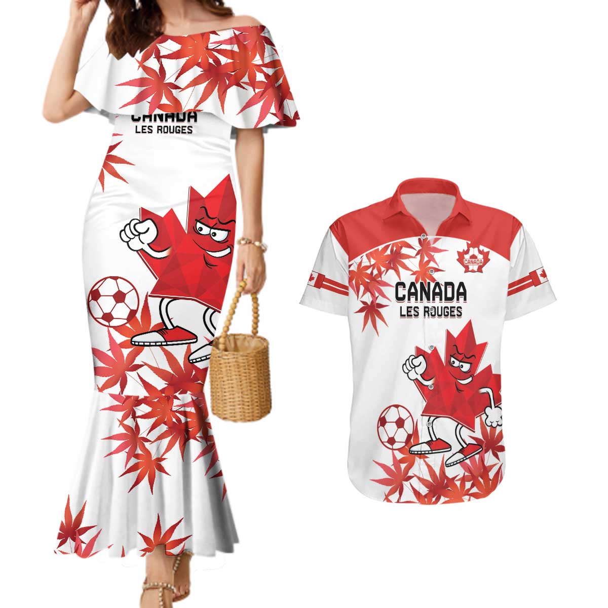 Custom Canada Soccer Couples Matching Mermaid Dress and Hawaiian Shirt Les Rouges Cute Maple Leaf Mascot - Wonder Print Shop