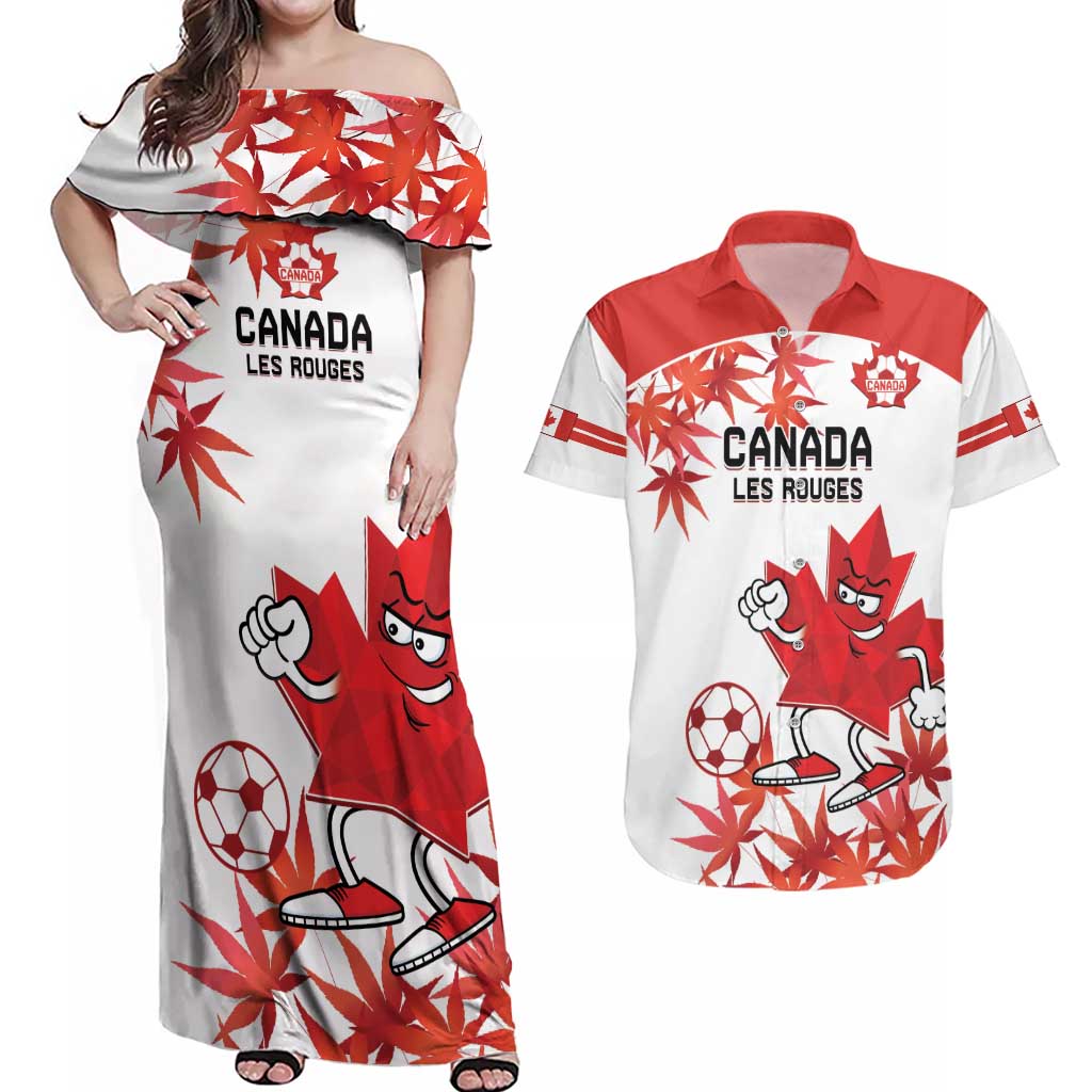 Custom Canada Soccer Couples Matching Off Shoulder Maxi Dress and Hawaiian Shirt Les Rouges Cute Maple Leaf Mascot - Wonder Print Shop