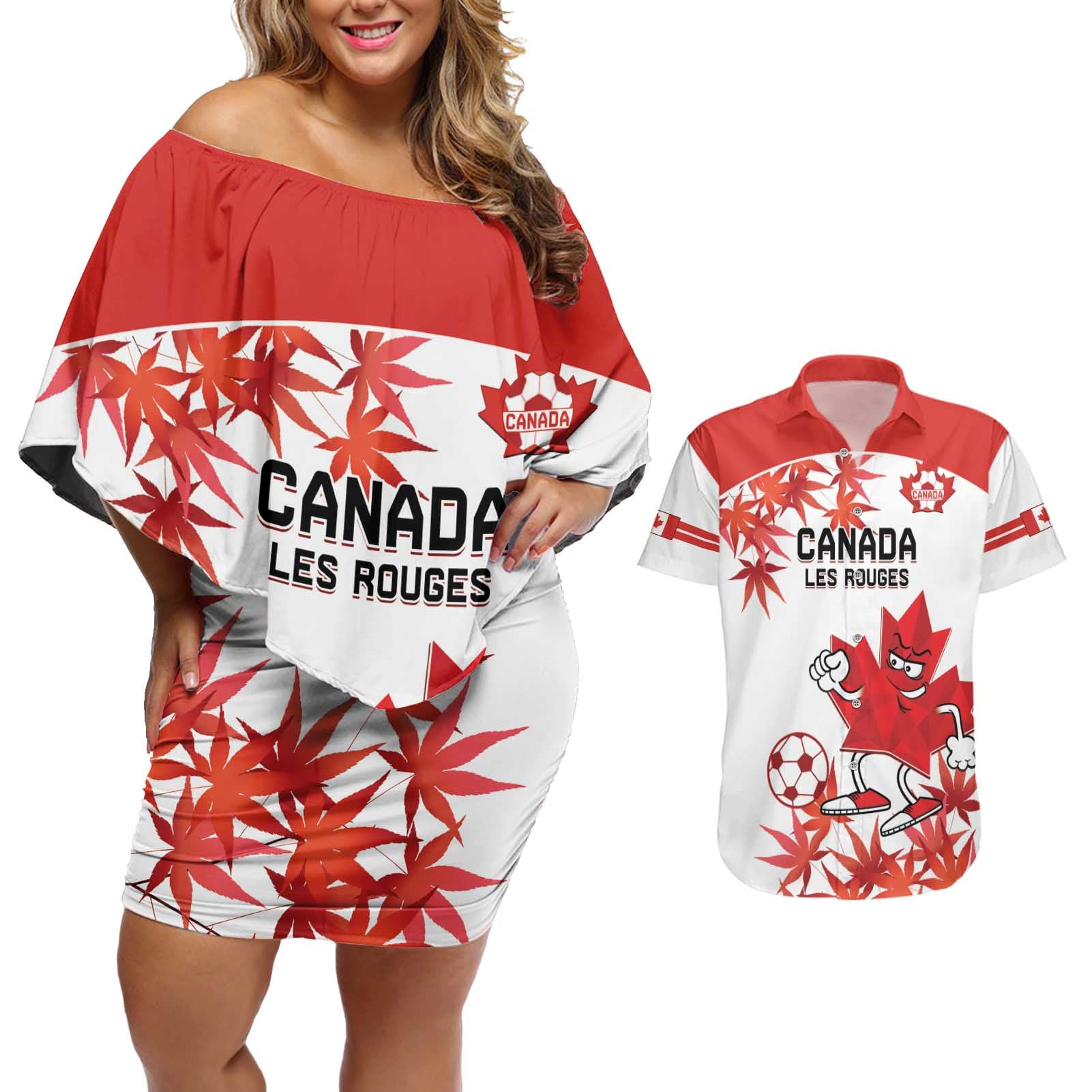 Custom Canada Soccer Couples Matching Off Shoulder Short Dress and Hawaiian Shirt Les Rouges Cute Maple Leaf Mascot - Wonder Print Shop