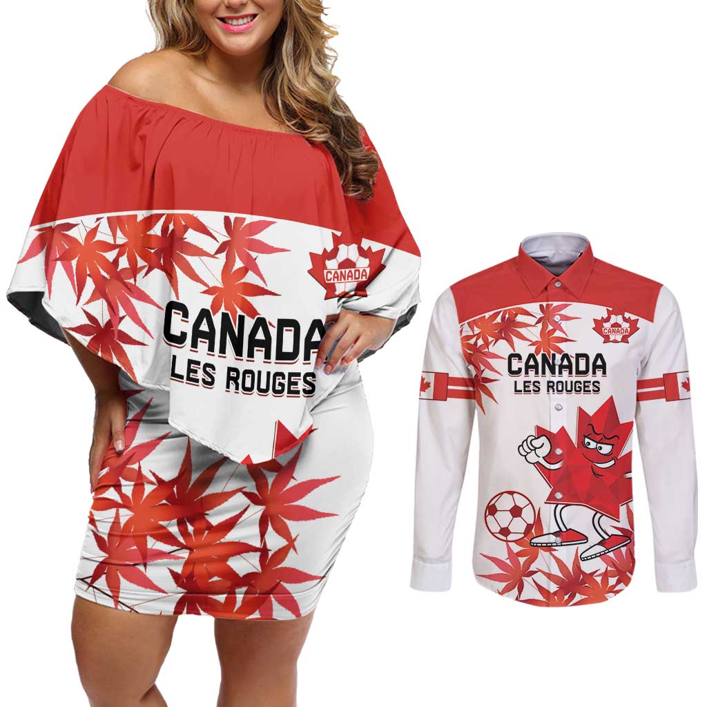 Custom Canada Soccer Couples Matching Off Shoulder Short Dress and Long Sleeve Button Shirt Les Rouges Cute Maple Leaf Mascot - Wonder Print Shop