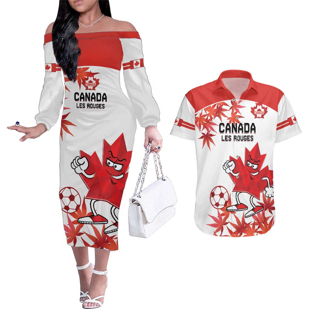 Custom Canada Soccer Couples Matching Off The Shoulder Long Sleeve Dress and Hawaiian Shirt Les Rouges Cute Maple Leaf Mascot - Wonder Print Shop