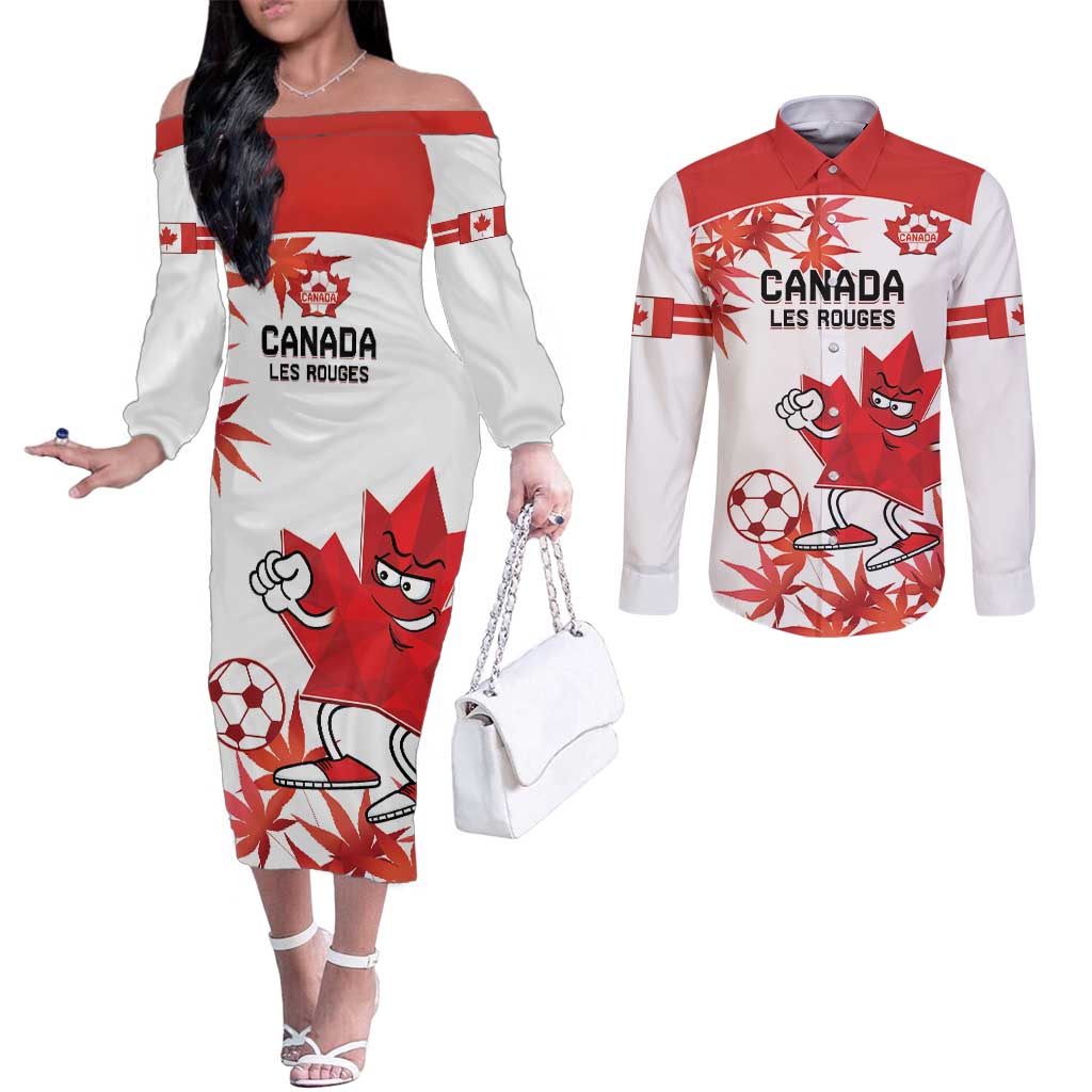 Custom Canada Soccer Couples Matching Off The Shoulder Long Sleeve Dress and Long Sleeve Button Shirt Les Rouges Cute Maple Leaf Mascot