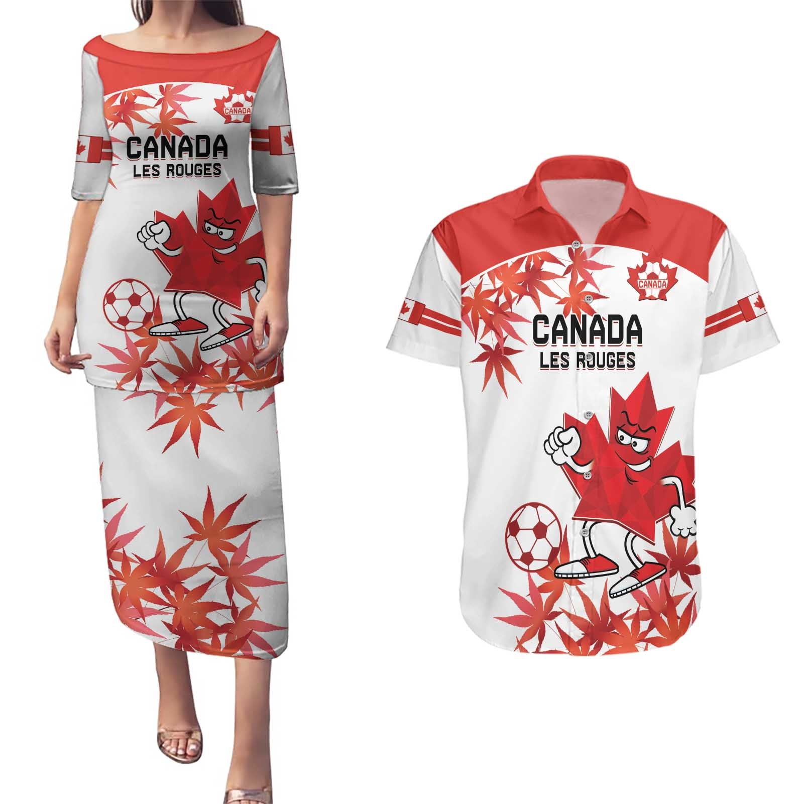 Custom Canada Soccer Couples Matching Puletasi and Hawaiian Shirt Les Rouges Cute Maple Leaf Mascot - Wonder Print Shop