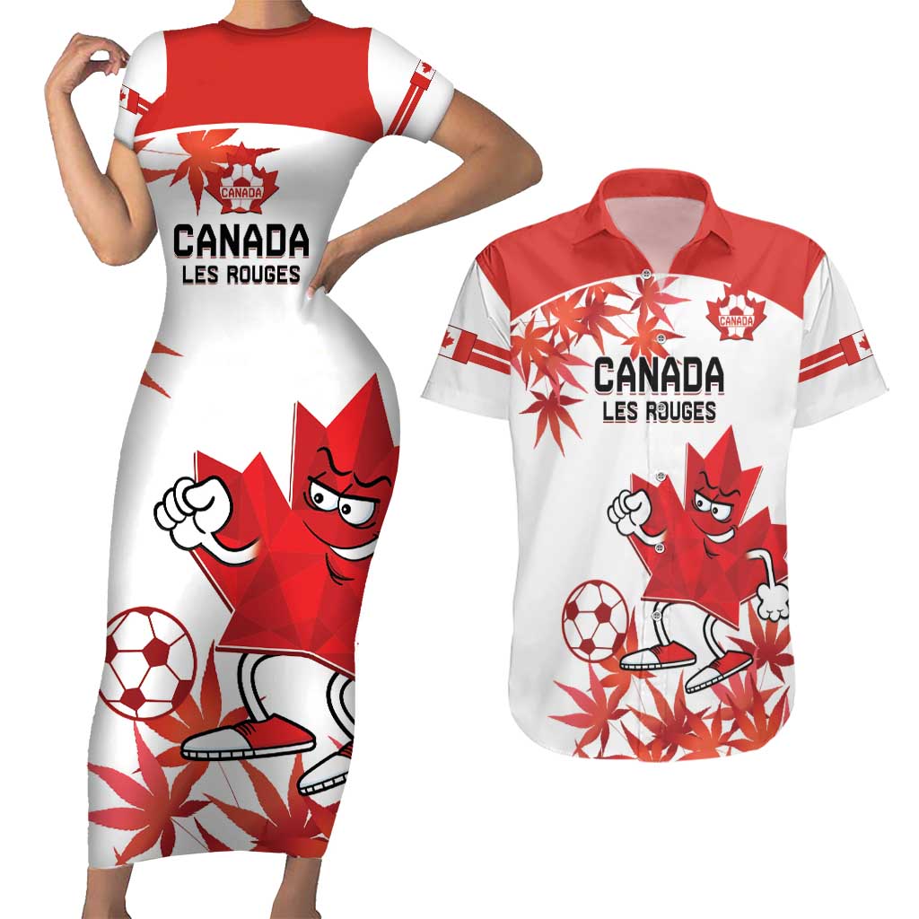 Custom Canada Soccer Couples Matching Short Sleeve Bodycon Dress and Hawaiian Shirt Les Rouges Cute Maple Leaf Mascot - Wonder Print Shop