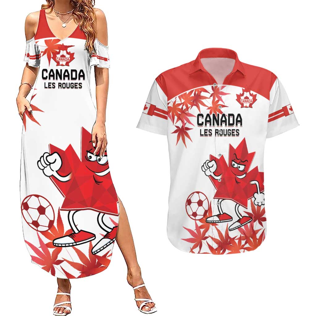 Custom Canada Soccer Couples Matching Summer Maxi Dress and Hawaiian Shirt Les Rouges Cute Maple Leaf Mascot - Wonder Print Shop