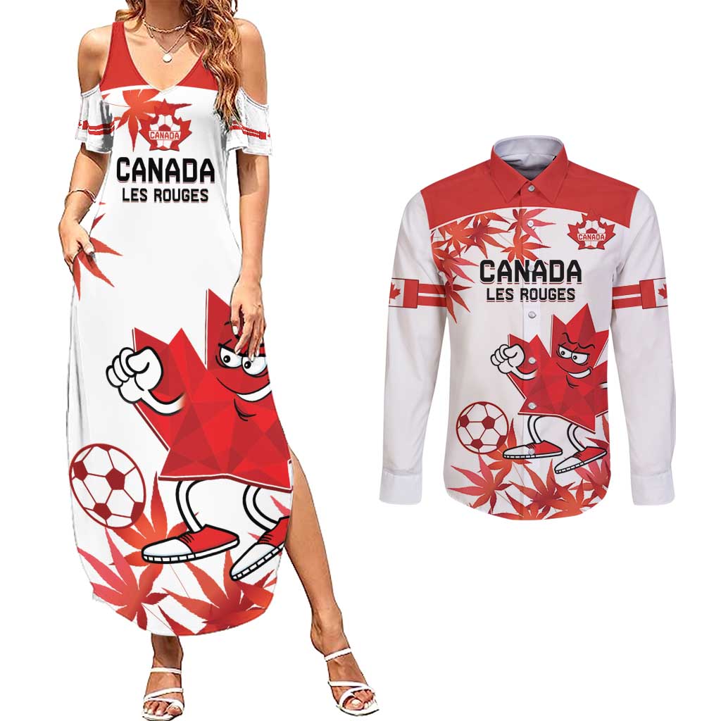 Custom Canada Soccer Couples Matching Summer Maxi Dress and Long Sleeve Button Shirt Les Rouges Cute Maple Leaf Mascot - Wonder Print Shop