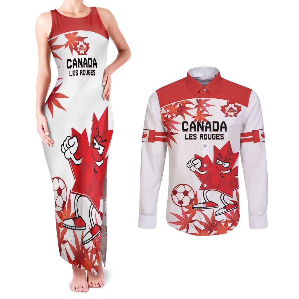 Custom Canada Soccer Couples Matching Tank Maxi Dress and Long Sleeve Button Shirt Les Rouges Cute Maple Leaf Mascot - Wonder Print Shop