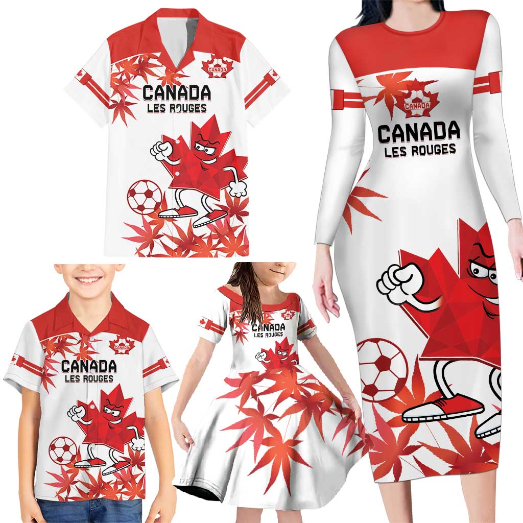 Custom Canada Soccer Family Matching Long Sleeve Bodycon Dress and Hawaiian Shirt Les Rouges Cute Maple Leaf Mascot - Wonder Print Shop