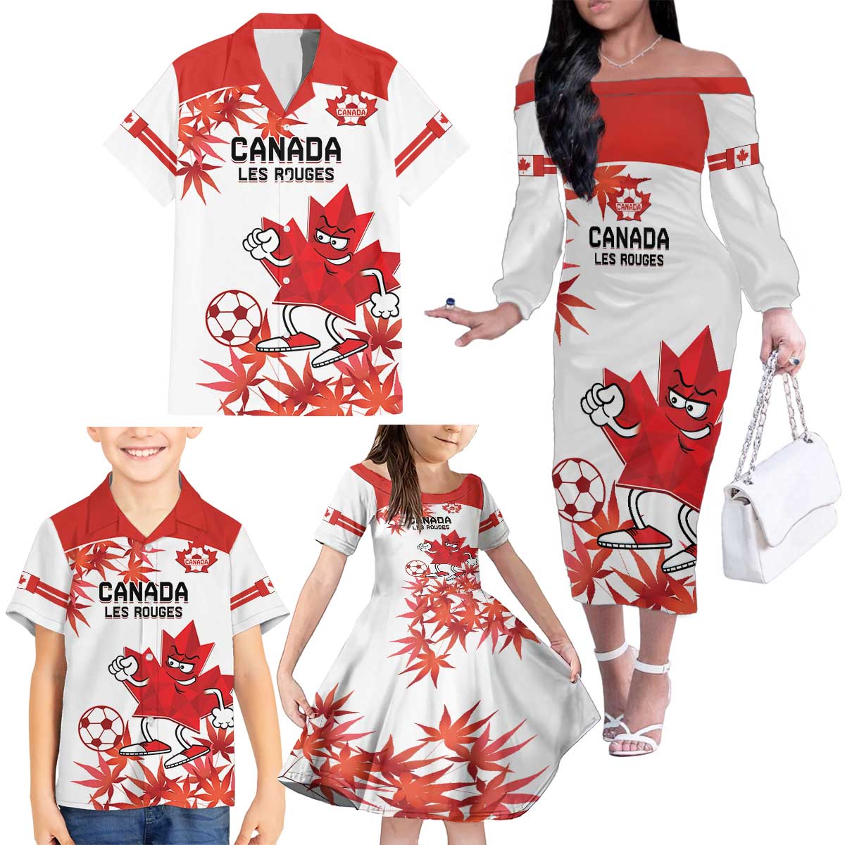 Custom Canada Soccer Family Matching Off The Shoulder Long Sleeve Dress and Hawaiian Shirt Les Rouges Cute Maple Leaf Mascot - Wonder Print Shop