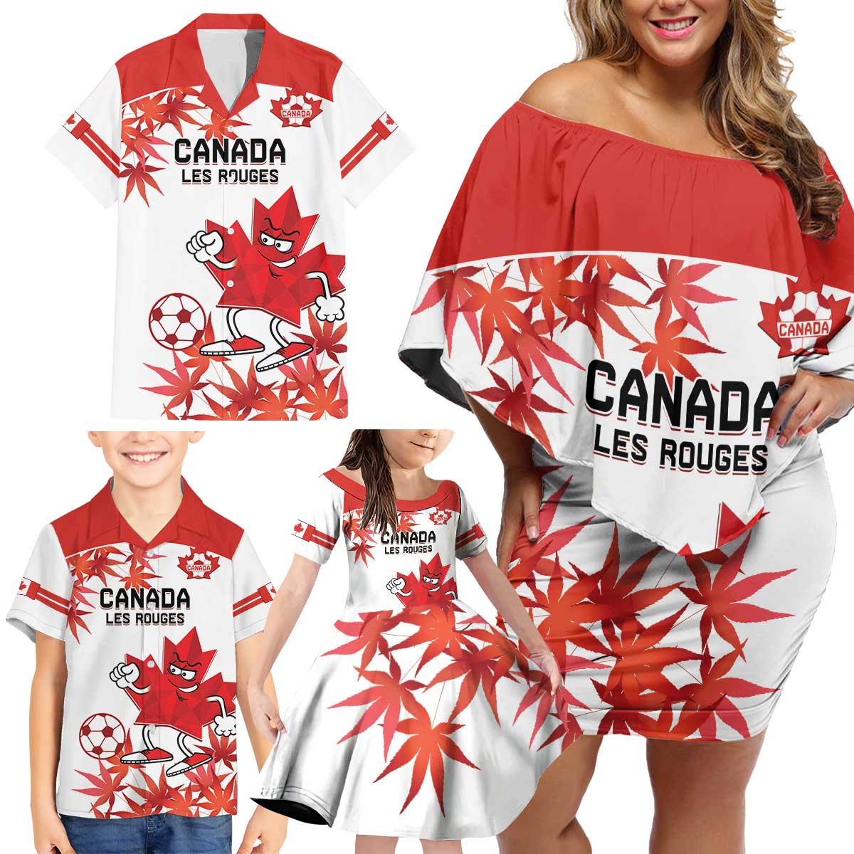 Custom Canada Soccer Family Matching Off Shoulder Short Dress and Hawaiian Shirt Les Rouges Cute Maple Leaf Mascot - Wonder Print Shop