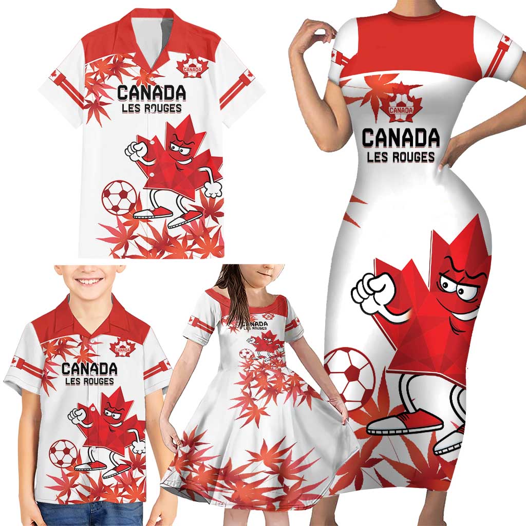 Custom Canada Soccer Family Matching Short Sleeve Bodycon Dress and Hawaiian Shirt Les Rouges Cute Maple Leaf Mascot - Wonder Print Shop