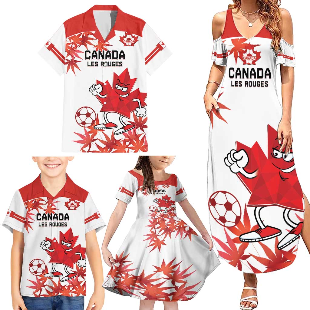 Custom Canada Soccer Family Matching Summer Maxi Dress and Hawaiian Shirt Les Rouges Cute Maple Leaf Mascot - Wonder Print Shop