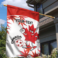 Canada soccer garden flag hanging from a pole, red mascot and maple leaves on white, “YOUR TEXT”