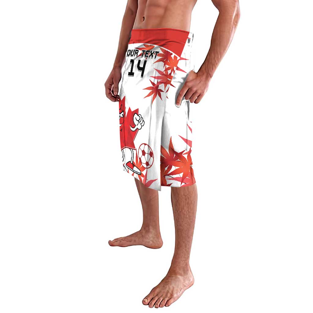 White Canada soccer swim shorts with red mascot and maple leaf print
